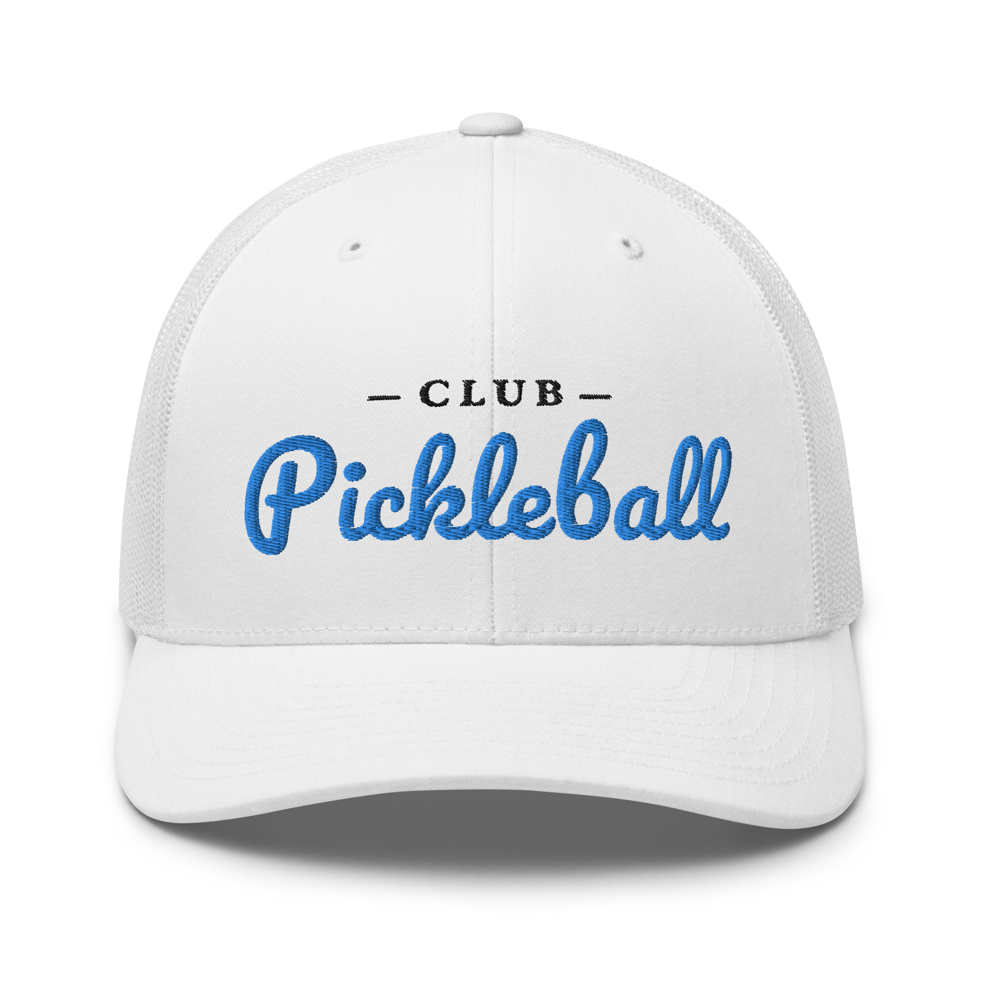 Club Pickleball Hat (bright blue & black letters) – White Snap Back Mesh Pickleball Hat/Cap