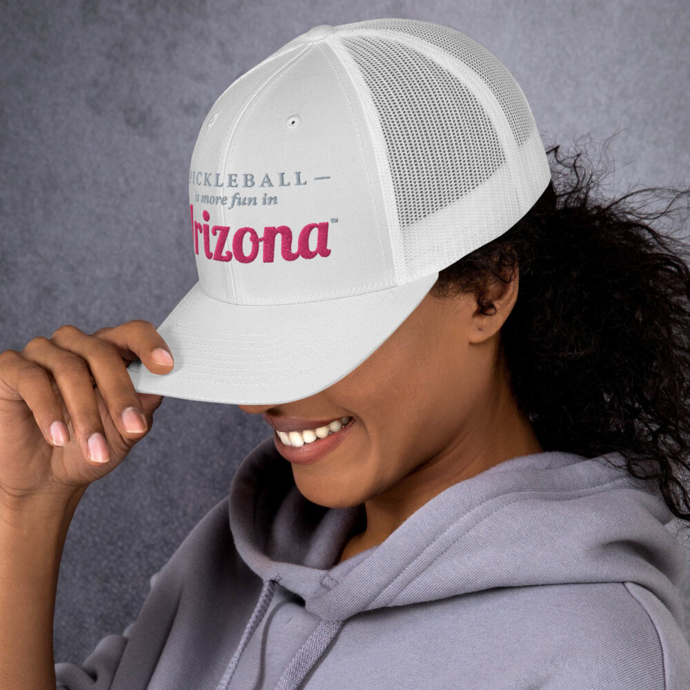 Pickleball is More Fun in Arizona (gray and flamingo letters) – White Snap Back Mesh Pickleball Hat/Cap - Image 3